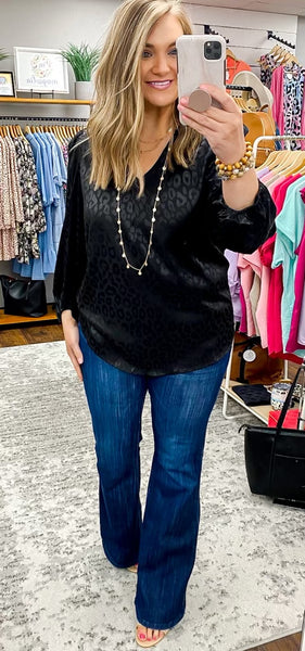 Black V Neck Leopard Balloon Sleeve Top