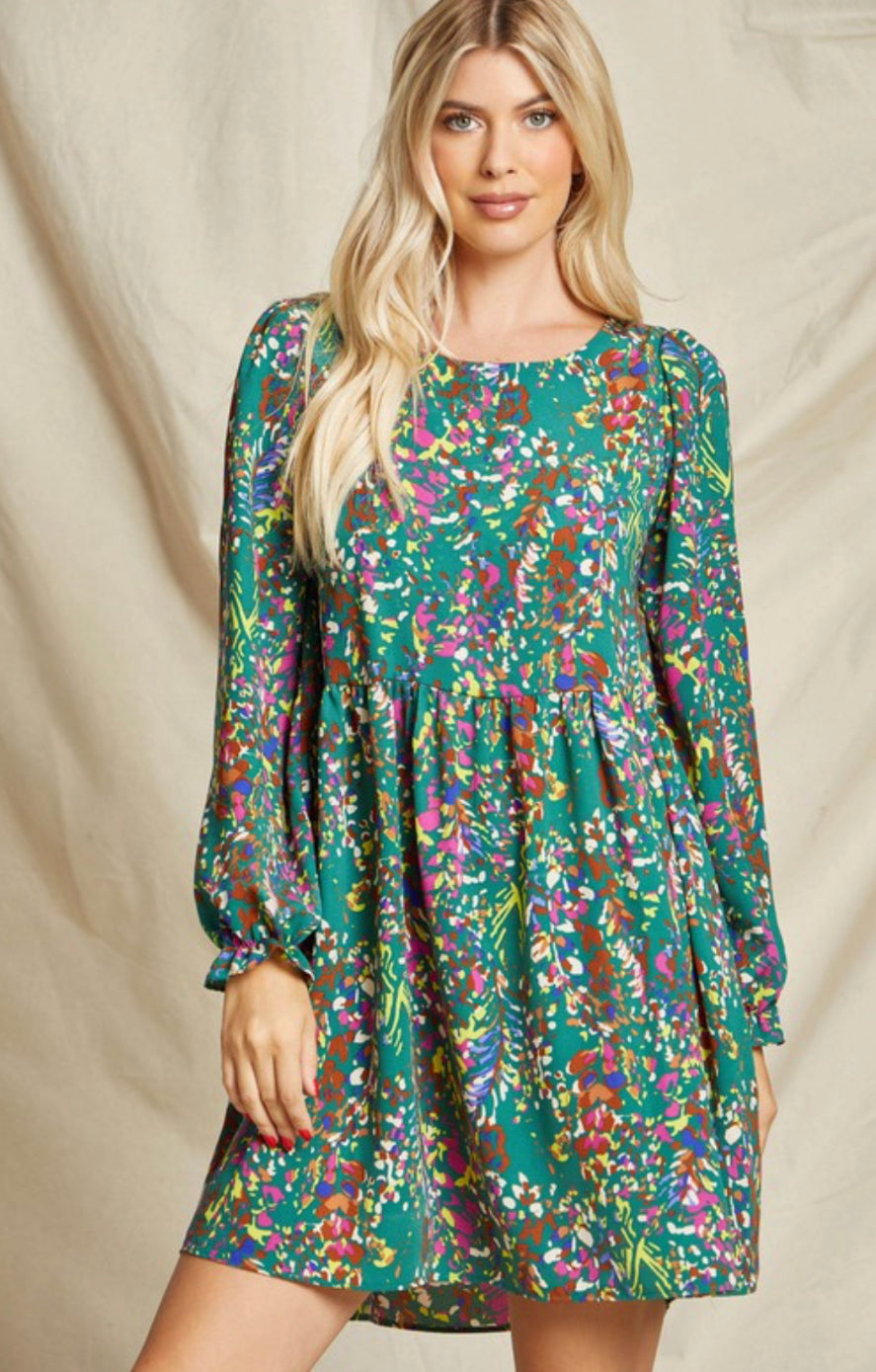 Green Abstract Floral Shift Dress