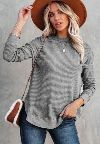Waffle Knit Essential Casual Top Grey