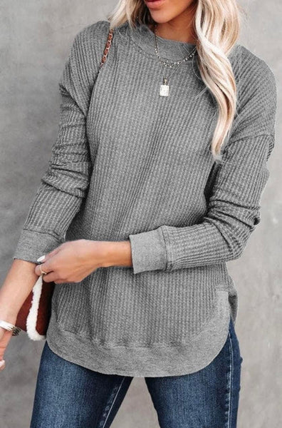 Waffle Knit Essential Casual Top Grey