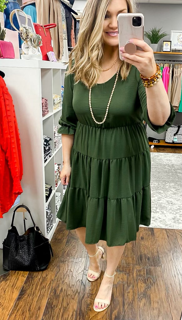 Olive Woven Ruffle Tiered Dress