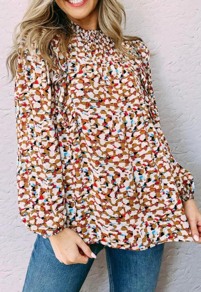 Multi Color Abstract Print Bubble Sleeve Top