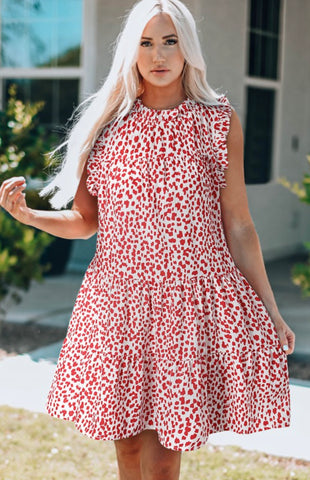 Red Dotted Flutter Sleeve Tiered Dress