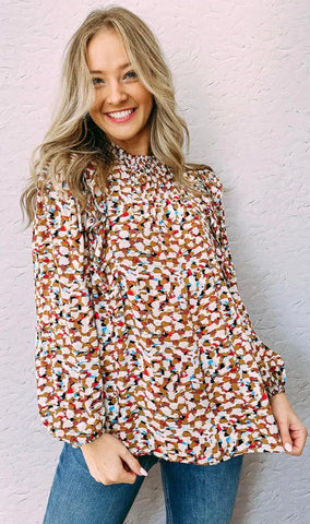 Multi Color Abstract Print Bubble Sleeve Top