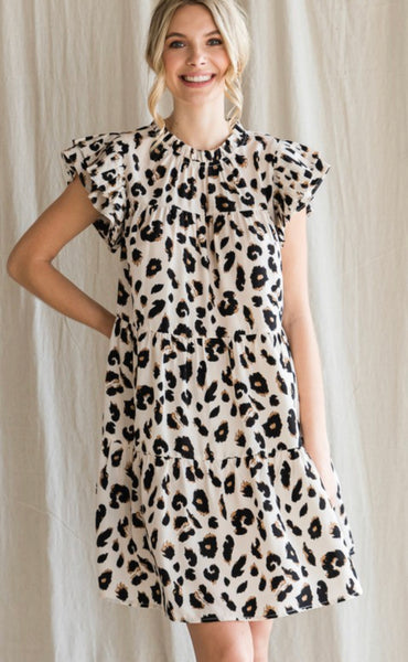 Leopard Print Ruffle Cap Sleeve Dress Ivory