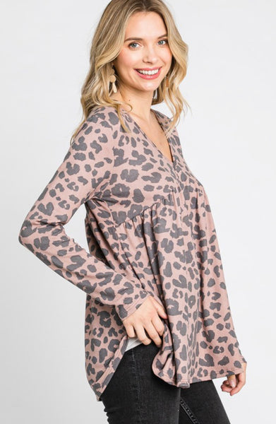 Mocha Leopard Cashmere Soft Babydoll Top