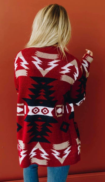 Dark Red Southwest Open Front Sweater Cardigan