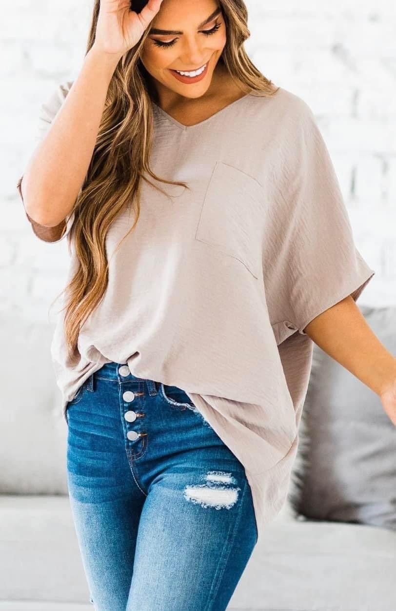 Woven V Neck Dolman Top Taupe