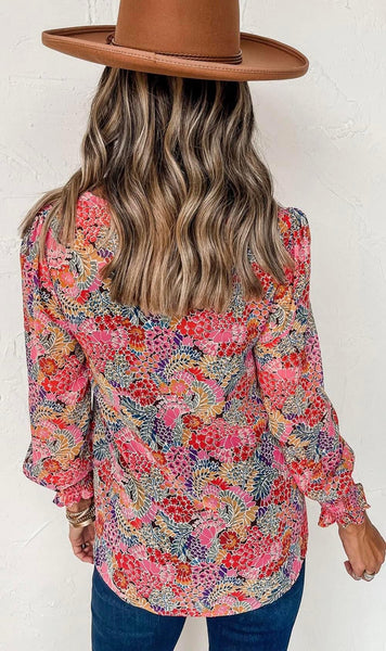 Multi Color Puff Sleeve Floral Abstract Top