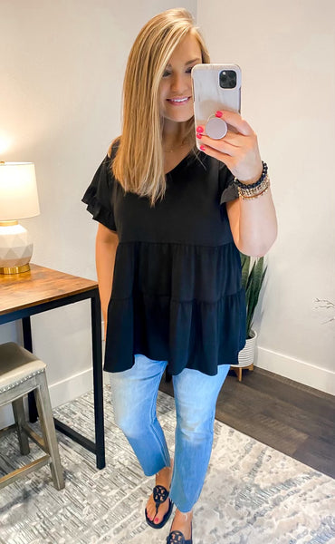 Black Flutter Sleeve Tiered Tunic