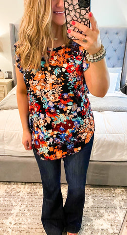 Black Bright Floral Ruffle Sleeve Top