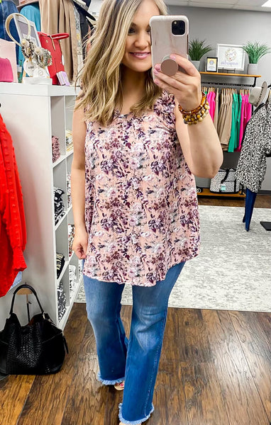 Dusty Pink Floral Ruffle Shoulder Tank