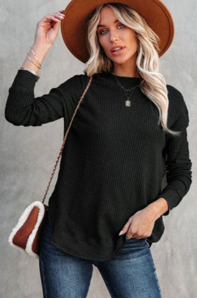 Waffle Knit Essential Casual Top Black