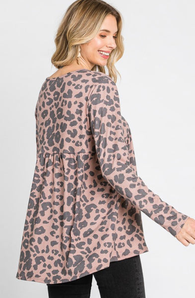 Mocha Leopard Cashmere Soft Babydoll Top