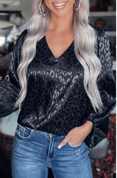 Black V Neck Leopard Balloon Sleeve Top