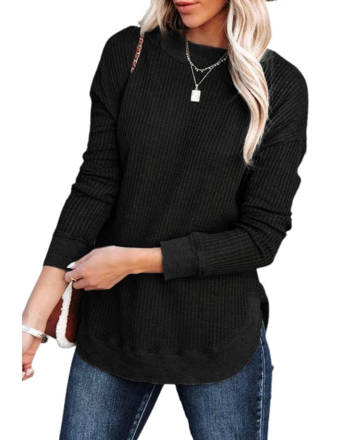 Waffle Knit Essential Casual Top Black