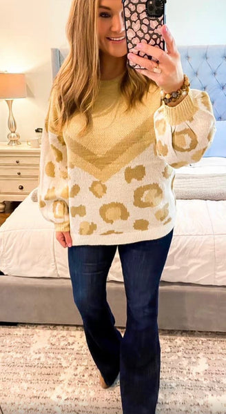 Beige Colorblock Leopard Knit Sweater