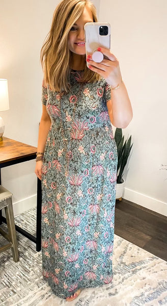 Sage Floral Short Sleeve Maxi Dress