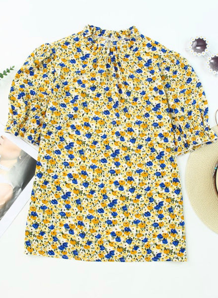 Floral Frilly Top Blue Yellow
