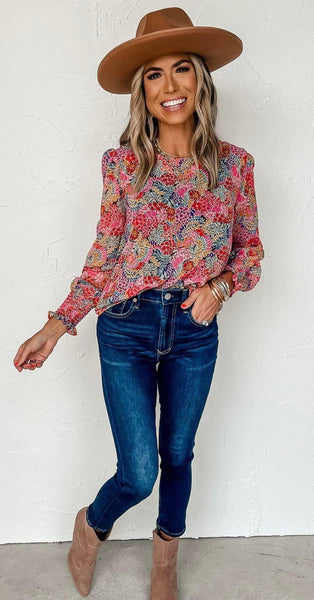 Multi Color Puff Sleeve Floral Abstract Top