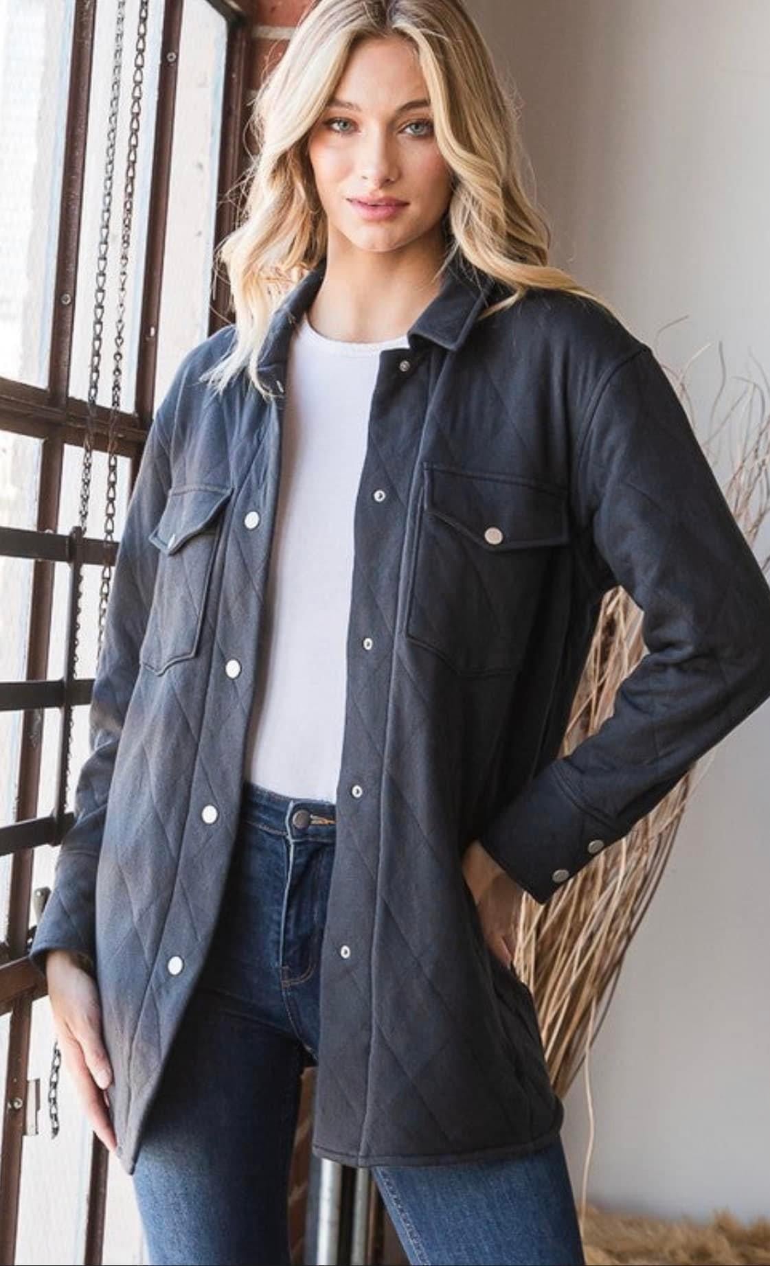 Charcoal Quilted Button Down Shirt Jacket