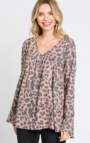 Mocha Leopard Cashmere Soft Babydoll Top
