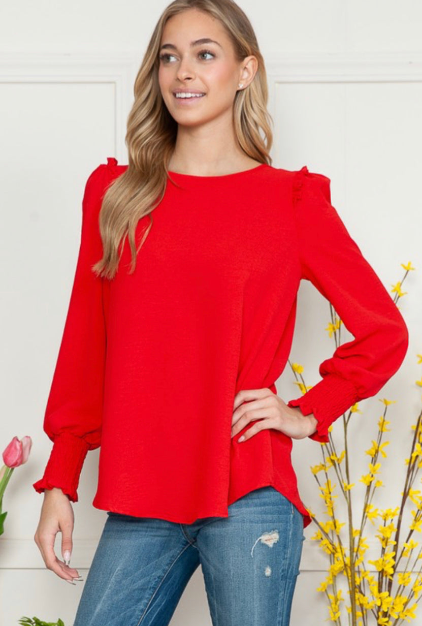 Solid Ruffle Shoulder Top Red