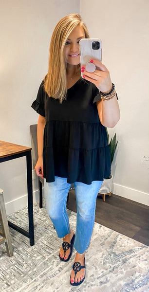 Black Flutter Sleeve Tiered Tunic