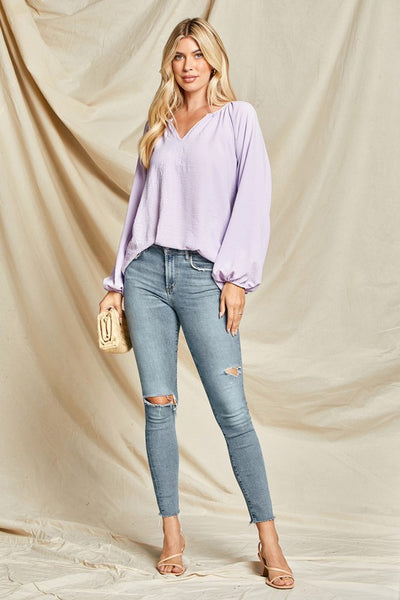 Lavender Solid Woven Balloon Sleeve Top