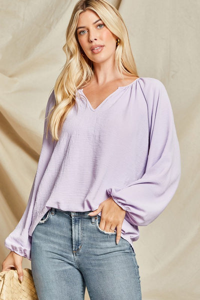 Lavender Solid Woven Balloon Sleeve Top