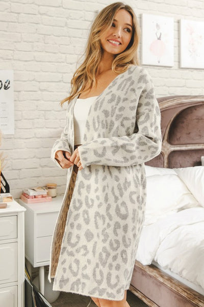 Ivory Grey Leopard Print Sweater Cardigan