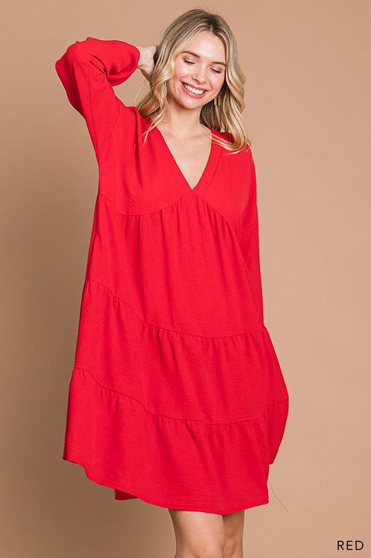 Long Sleeve Red Tiered V Neck Dress