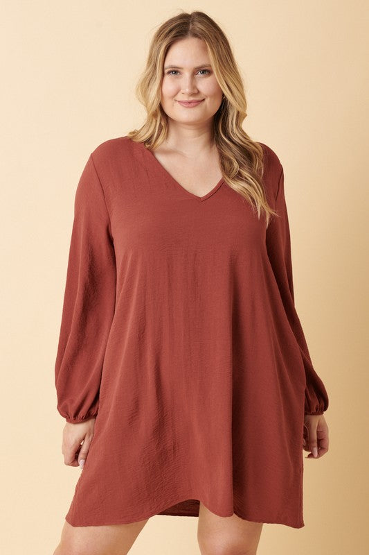 Rust V Neck Balloon Sleeve Dress