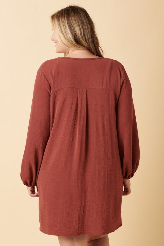 Rust V Neck Balloon Sleeve Dress 2X